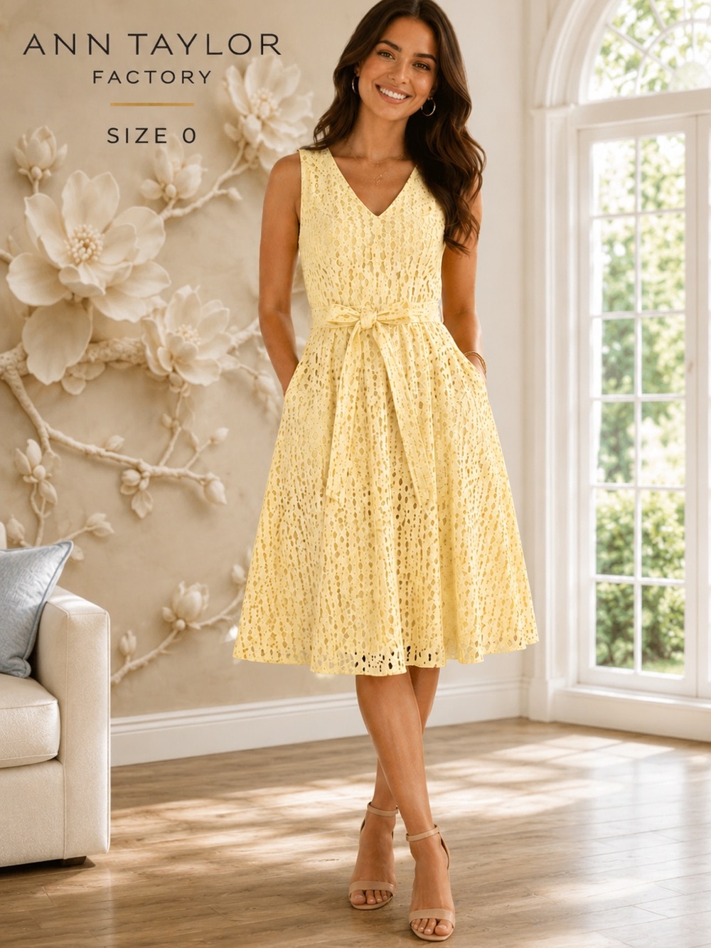 Ann Taylor Factory Butter Yellow Eyelet Fit & Flare Dress Belted Size 0